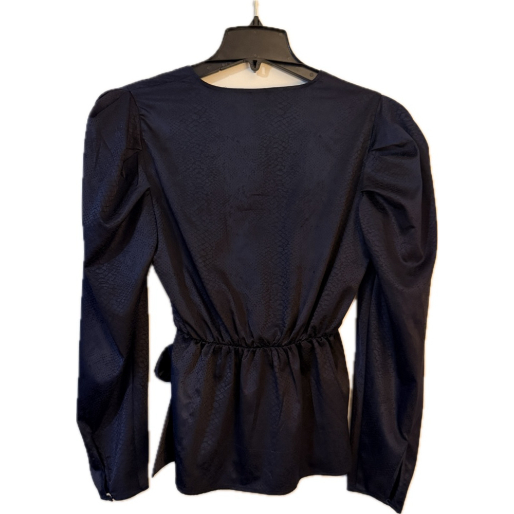 Express Satin Jacquard Wrap Blouse – Deep Navy (Almost Black) Size S - Picture 2 of 10